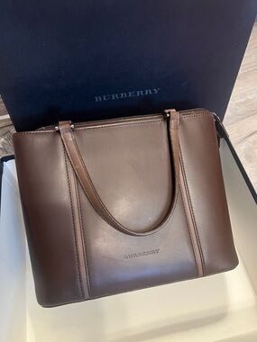 Burberry Dark Brown Leather Structured Tote comes with box